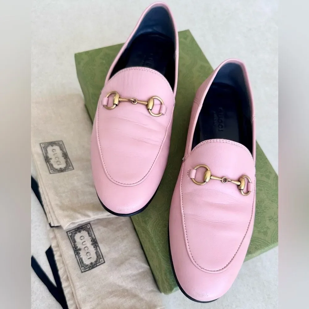 Gucci Brixton Horsebit Loafer Pink Leather Driving Flat Mule Jordaan EU 37 US 7
